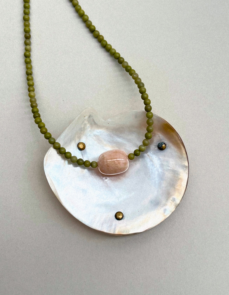 Cairn 21: Alashan agate and pink beryl necklace, hand-strung by Palm of Feronia, photo 2