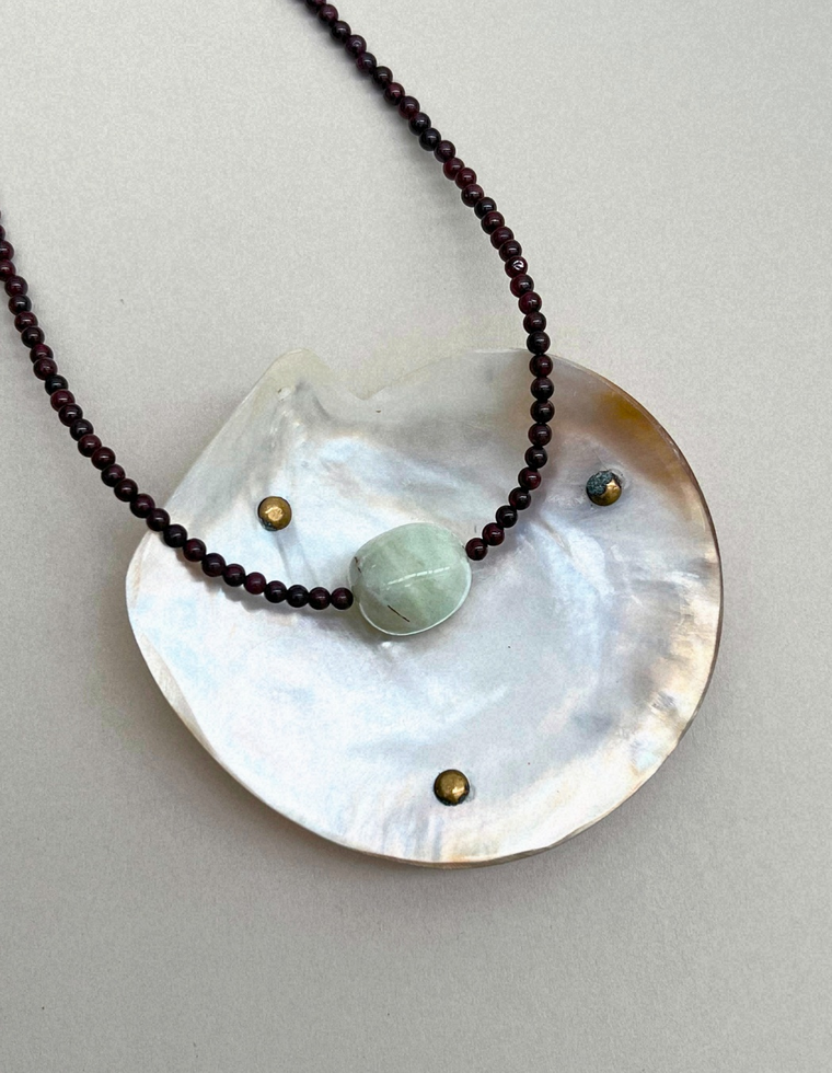 Cairn 17: garnet and green beryl necklace, hand-strung by Palm of Feronia, photo 2