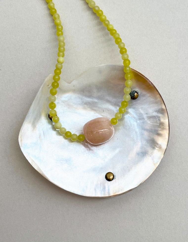 Cairn 22: olive jade and pink beryl necklace, hand-strung by Palm of Feronia
