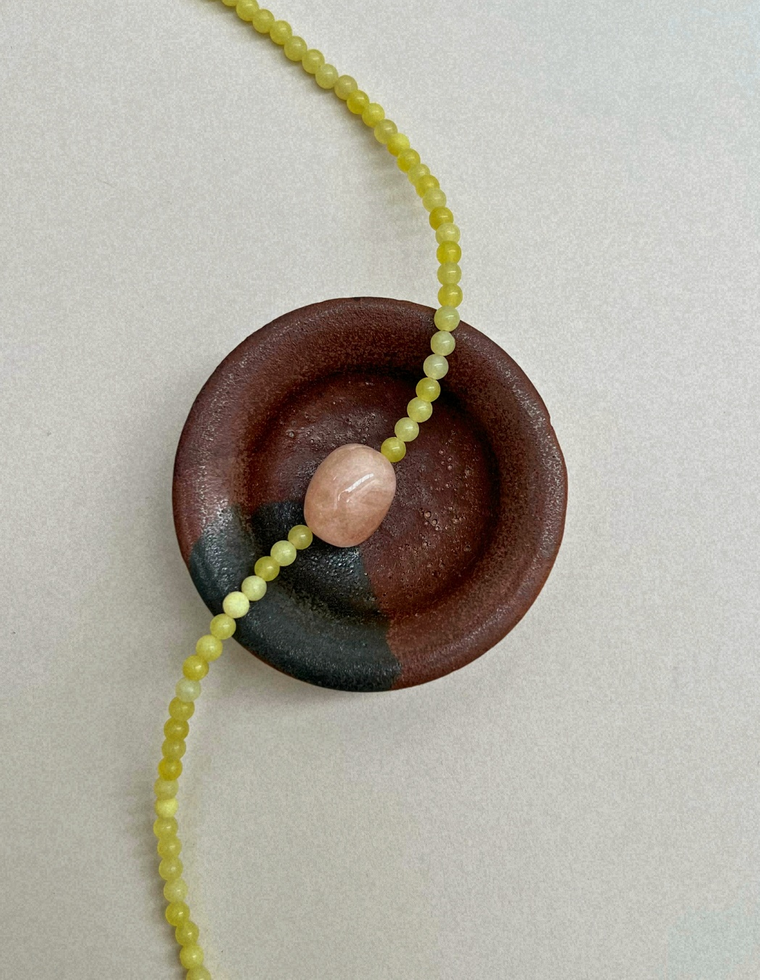 Cairn 22: olive jade and pink beryl necklace, hand-strung by Palm of Feronia, photo 2