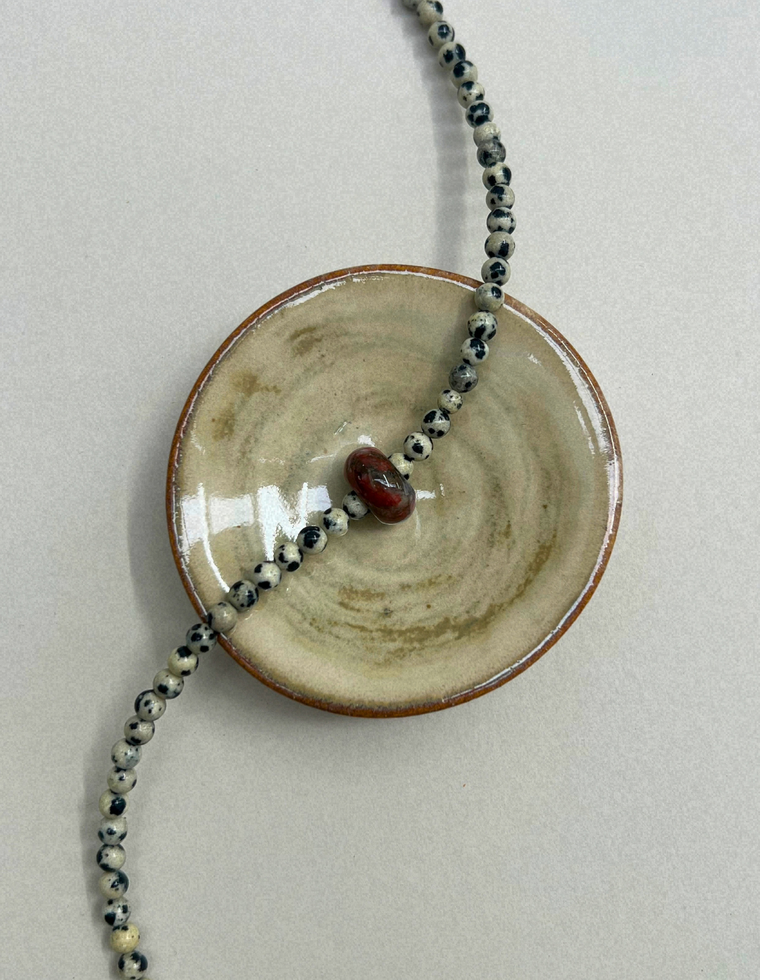 Celadon 14: dalmatian jasper and mahogany obsidian movement necklace, hand-strung by Palm of Feronia