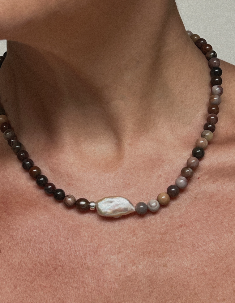 Varona - Petrified Wood & Pearl Necklace