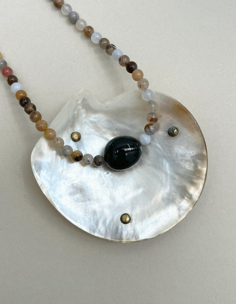 Axis 6: chalcedony and black onyx necklace, hand-strung by Palm of Feronia, photo 2
