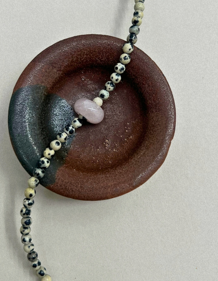 Celadon 12: dalmatian jasper and rose quartz movement necklace, hand-strung by Palm of Feronia