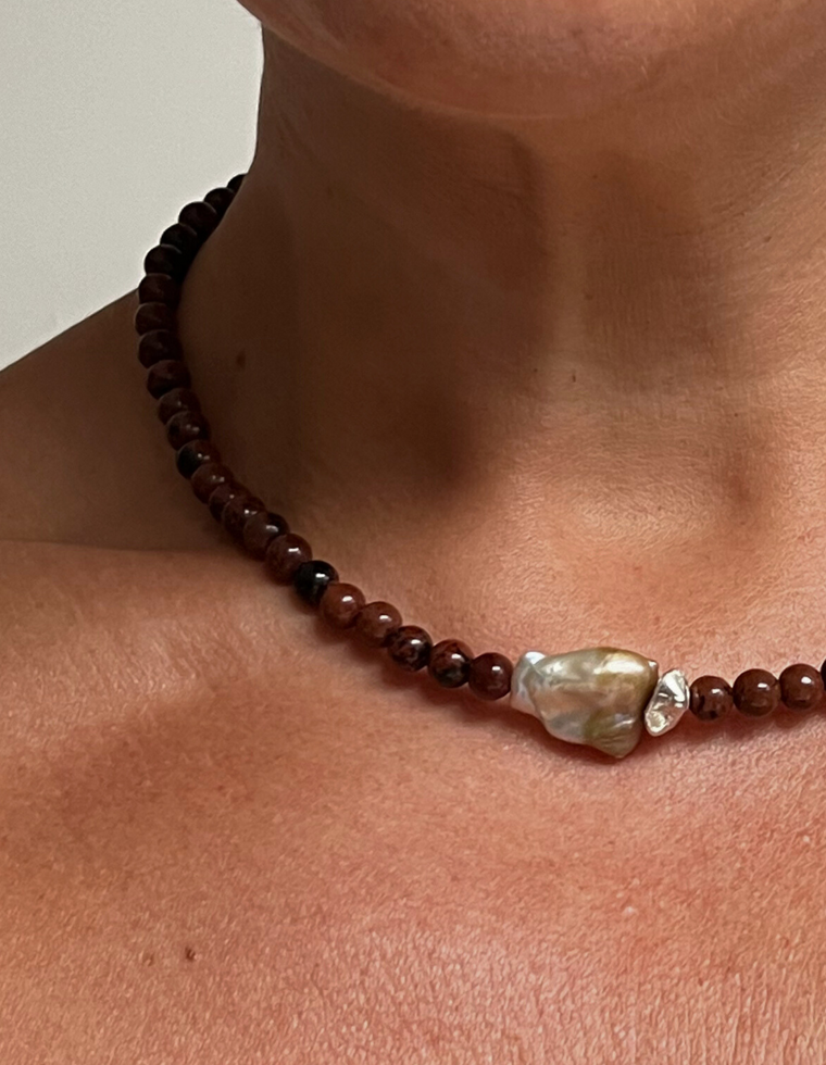 Fioren - Mahogany Obsidian and Pearl Necklace