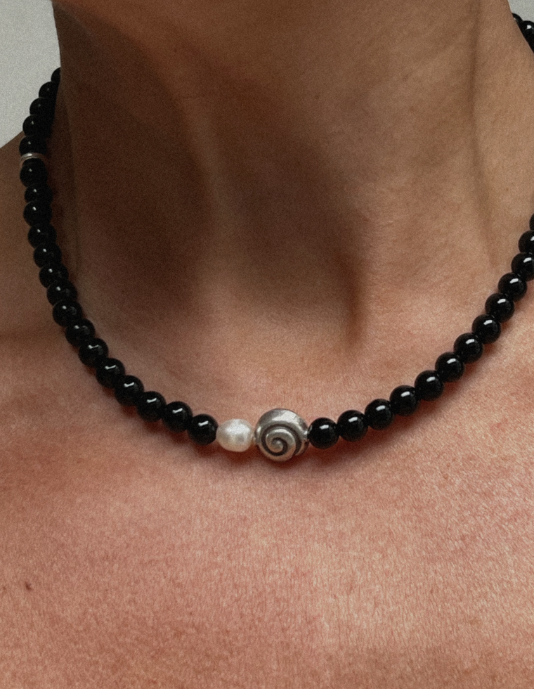 Charlie Onyx & Silver Spiral Necklace
