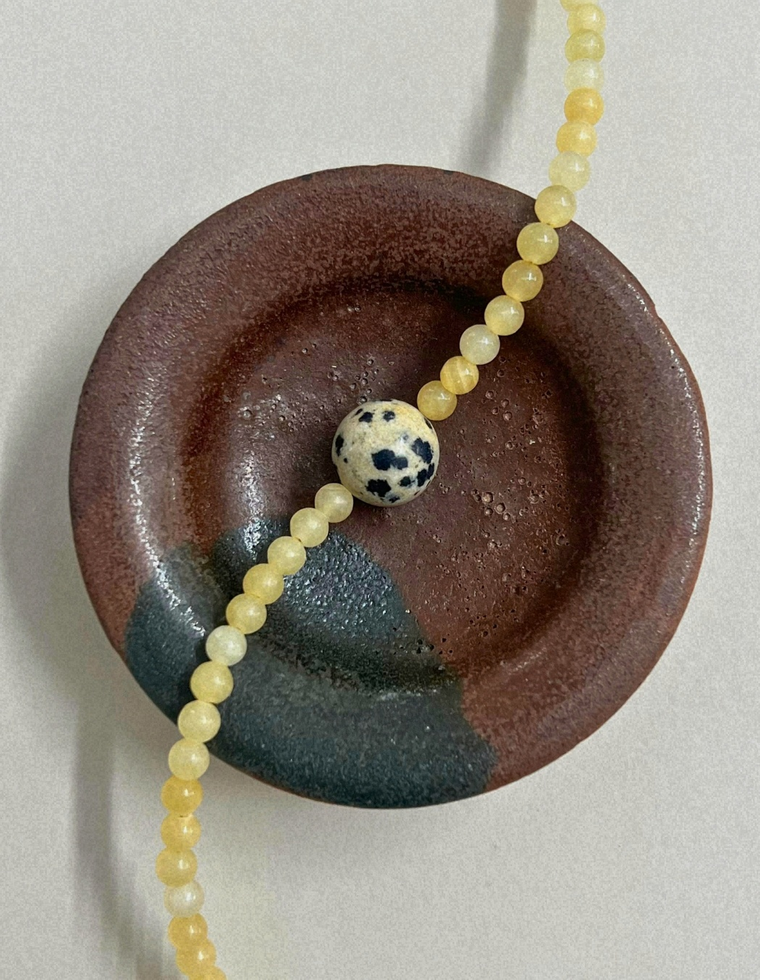 Harvest 12: yellow jade and dalmatian jasper necklace, hand-strung by Palm of Feronia