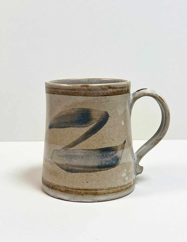 Found Cup No. 06: vintage studio pottery cup with blue-grey brushstrokes, signed Henke
