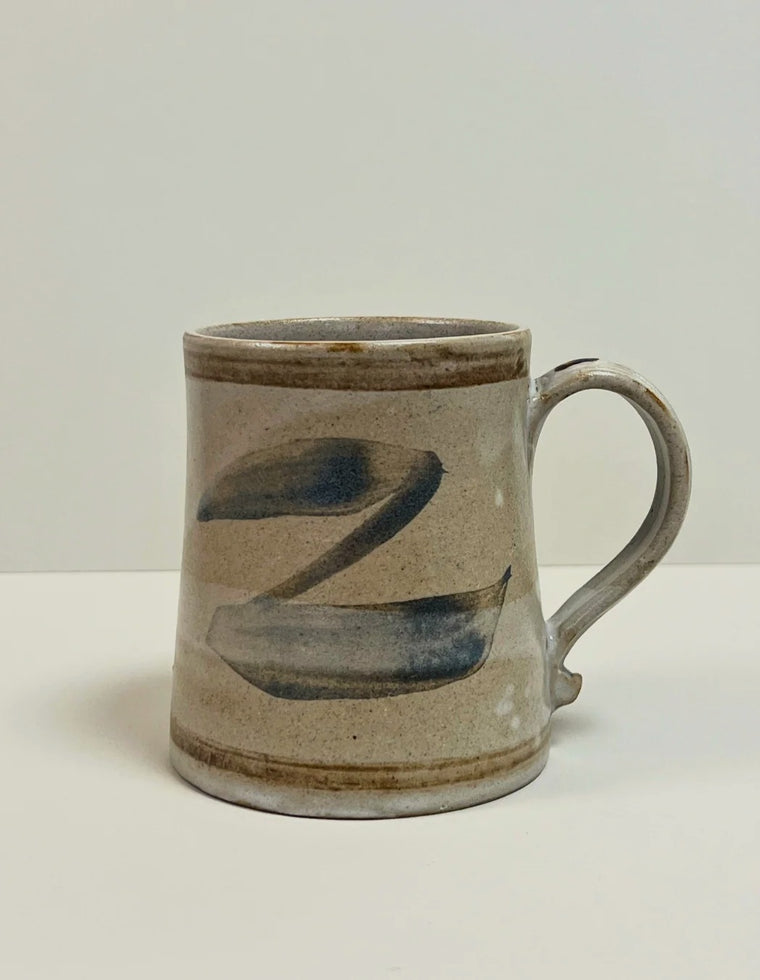 Found Cup No. 06: vintage studio pottery cup with blue-grey brushstrokes, signed Henke