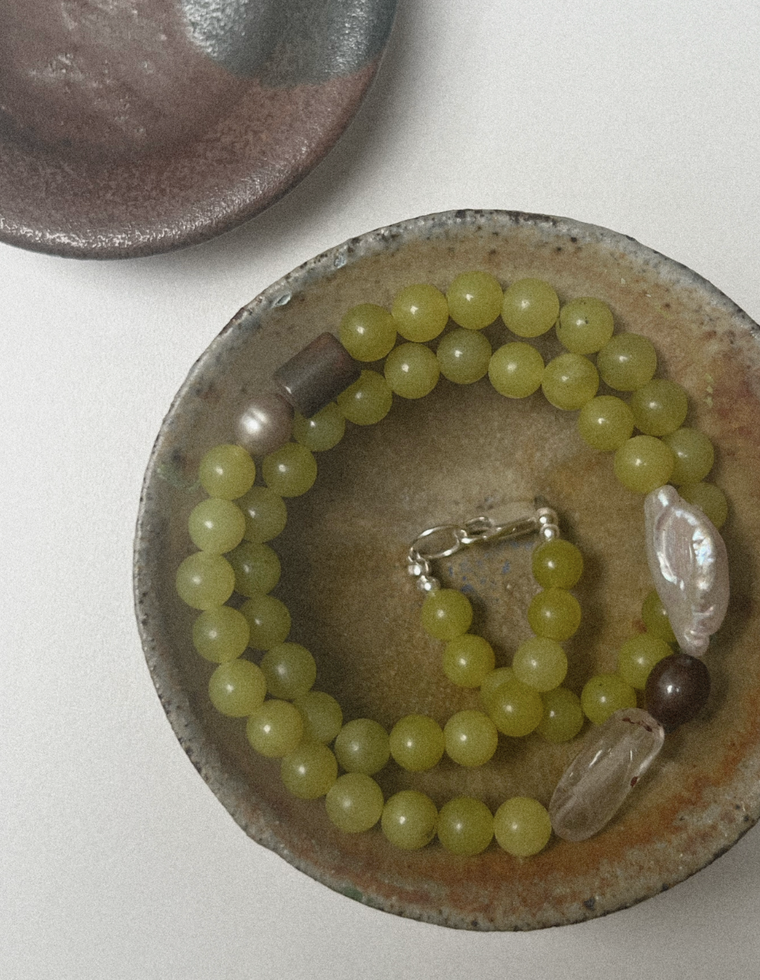 Nareth - Olive Jade & Pearl Necklace