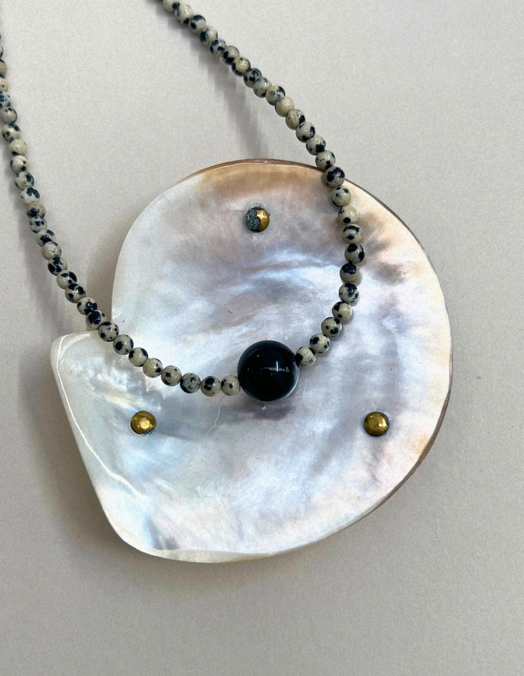 Celadon 15: dalmatian jasper and onyx necklace, hand-strung by Palm of Feronia