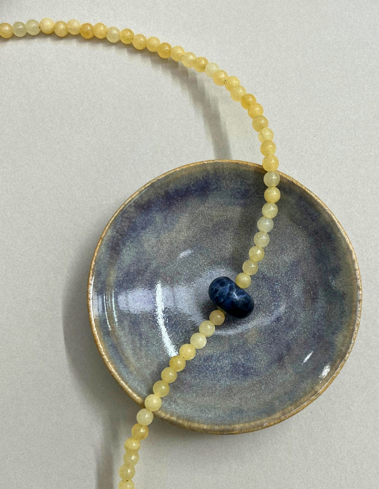 Harvest 10: yellow jade and sodalite movement necklace, hand-strung by Palm of Feronia