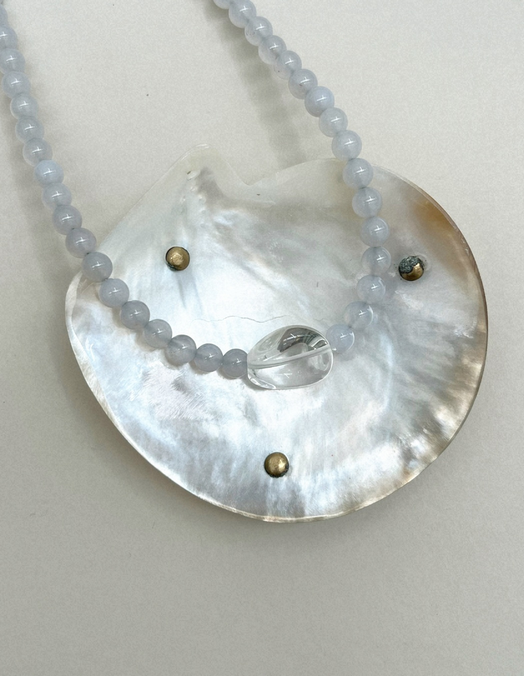 Axis 11: blue chalcedony and clear quartz necklace, hand-strung by Palm of Feronia