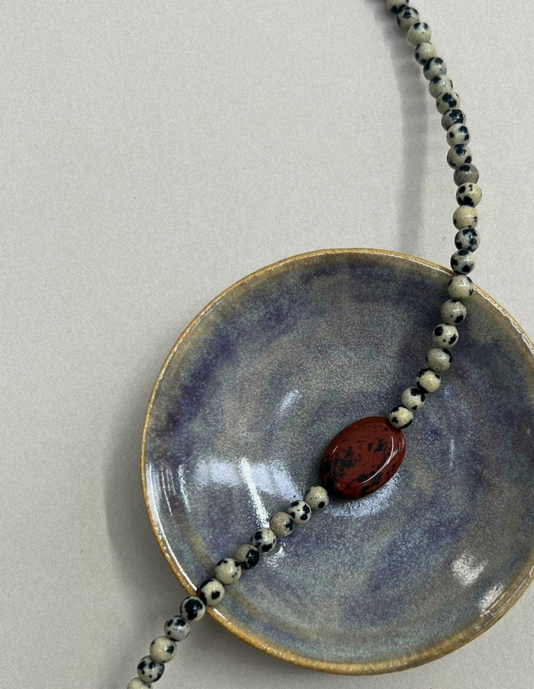 Celadon 16: dalmatian jasper and mahogany obsidian necklace, hand-strung by Palm of Feronia
