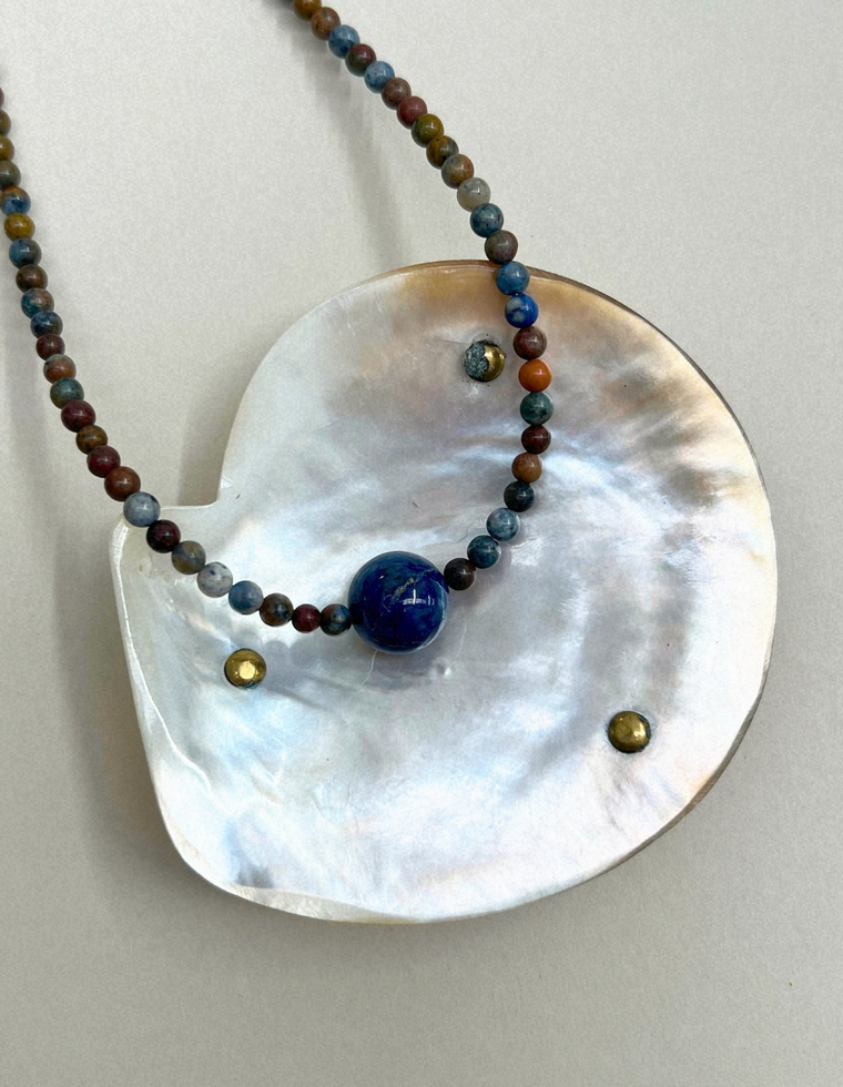 Celadon 5: dumortierite and lapis lazuli necklace, hand-strung by Palm of Feronia