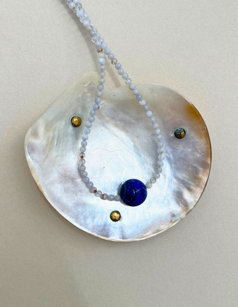 Keepsake 10: blue lace agate and lapis lazuli necklace, hand-strung by Palm of Feronia, photo 2