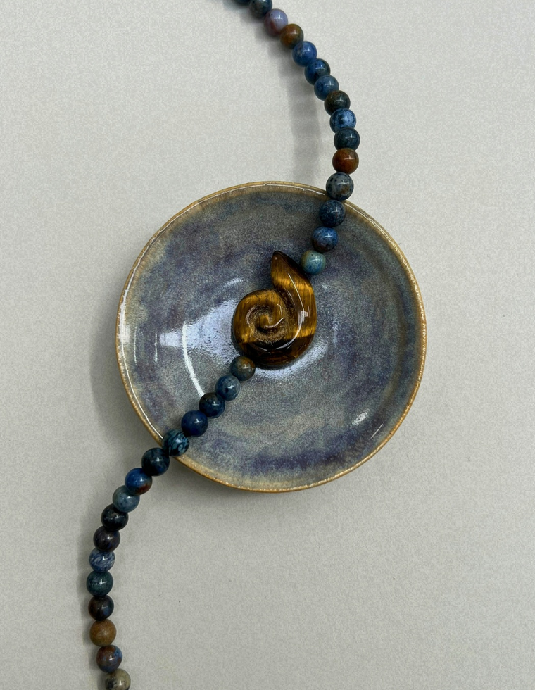 Celadon 1: dumortierite whorl necklace, hand-strung by Palm of Feronia