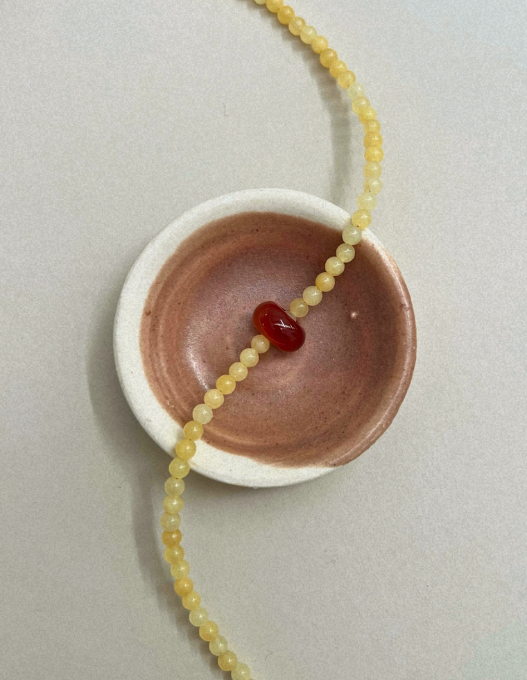 Harvest 9: yellow jade and carnelian movement necklace, hand-strung by Palm of Feronia