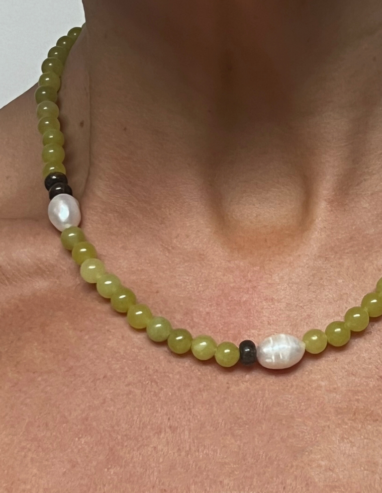 Eirathis - Olive Jade & Pearl Necklace