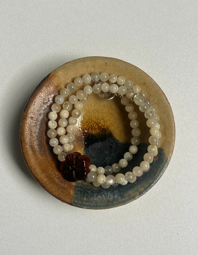 Sundial 13: moonstone and carnelian necklace, hand-strung by Palm of Feronia