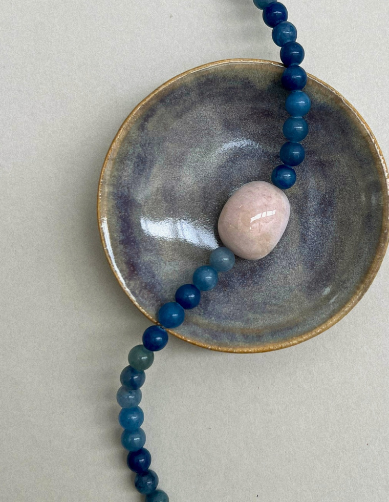 Cairn 15: blue aventurine and pink beryl necklace, hand-strung by Palm of Feronia
