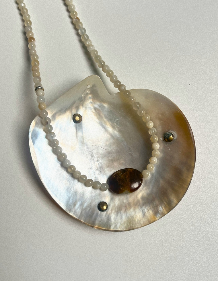 Sundial 14: moonstone and jade necklace, hand-strung by Palm of Feronia