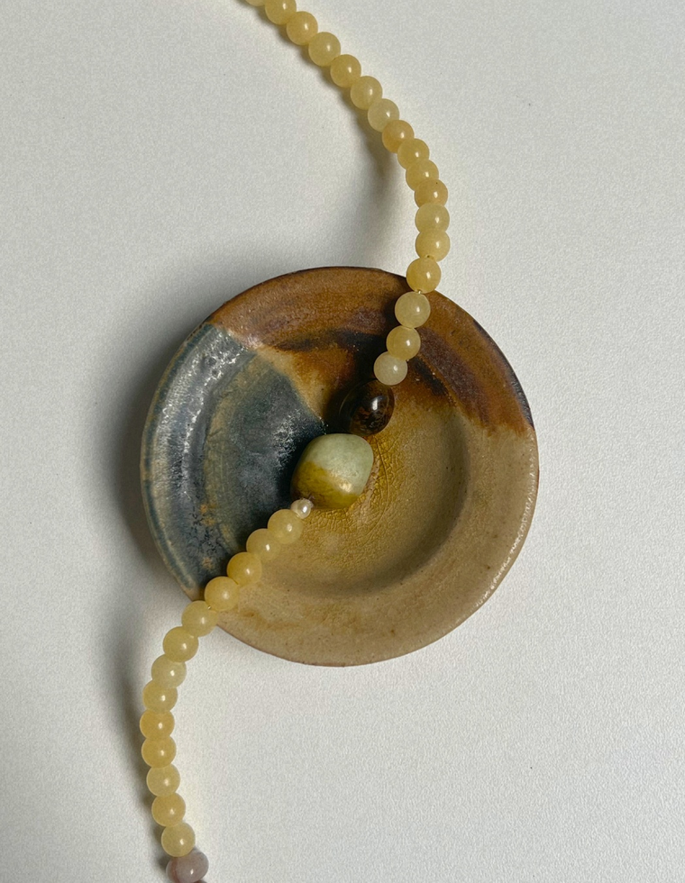 Tempera 15: yellow jade and tiger eye necklace, hand-strung by Palm of Feronia