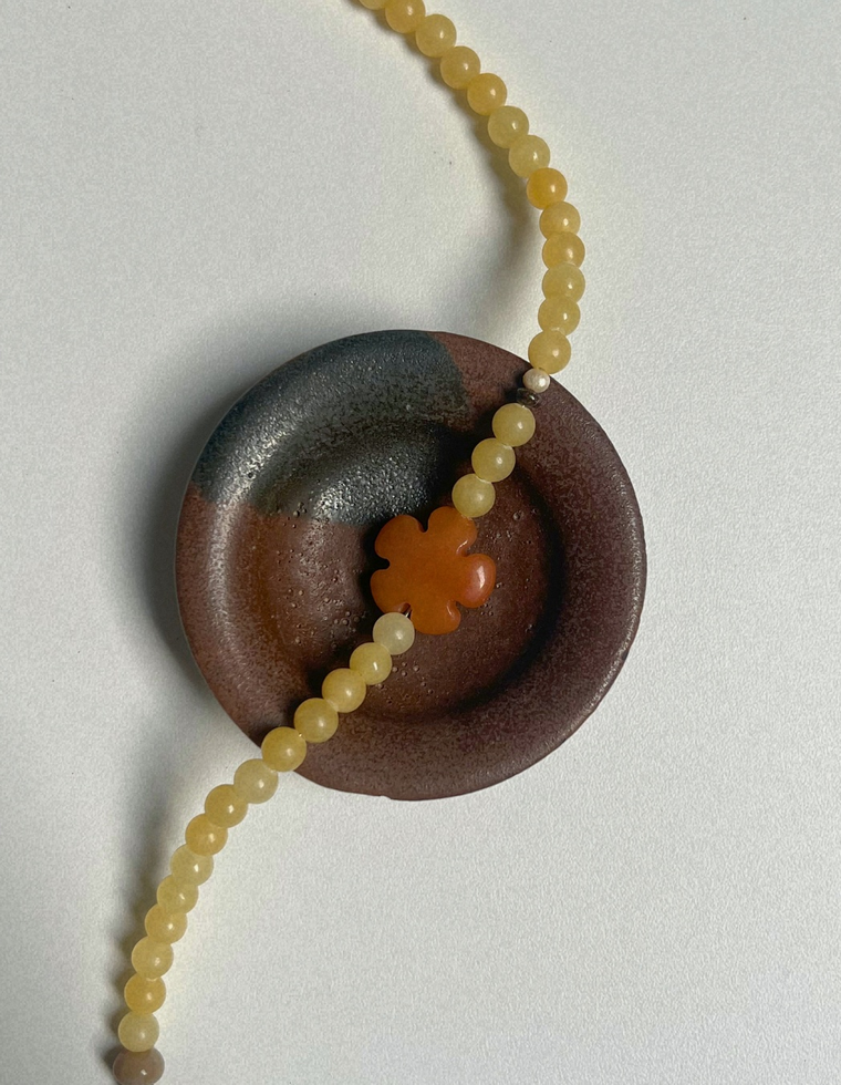 Tempera 16: yellow jade and orange aventurine necklace, hand-strung by Palm of Feronia