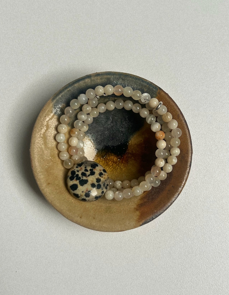 Sundial 16: moonstone and dalmatian jasper necklace, hand-strung by Palm of Feronia