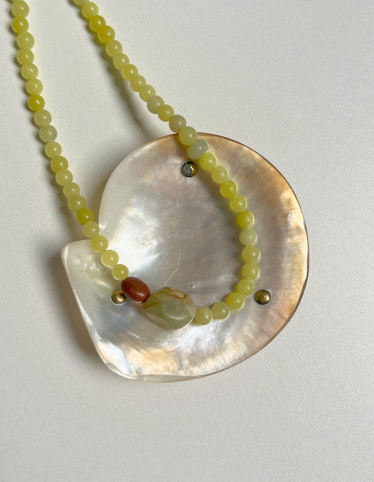 Tempera 17: olive jade and flower amazonite necklace, hand-strung by Palm of Feronia