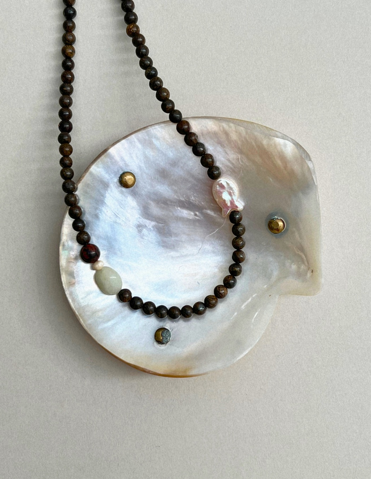 Counterpoint 16: bronzite and pearl necklace, hand-strung by Palm of Feronia, photo 2