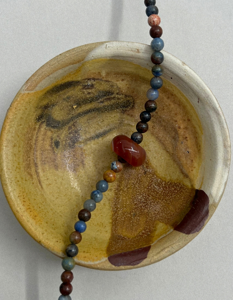 Celadon 4: dumortierite and carnelian movement necklace, hand-strung by Palm of Feronia