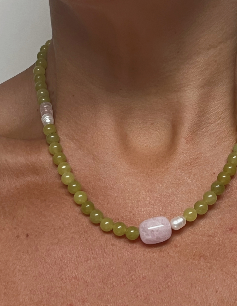 Calrienne II - Olive Jade & Morganite Necklace