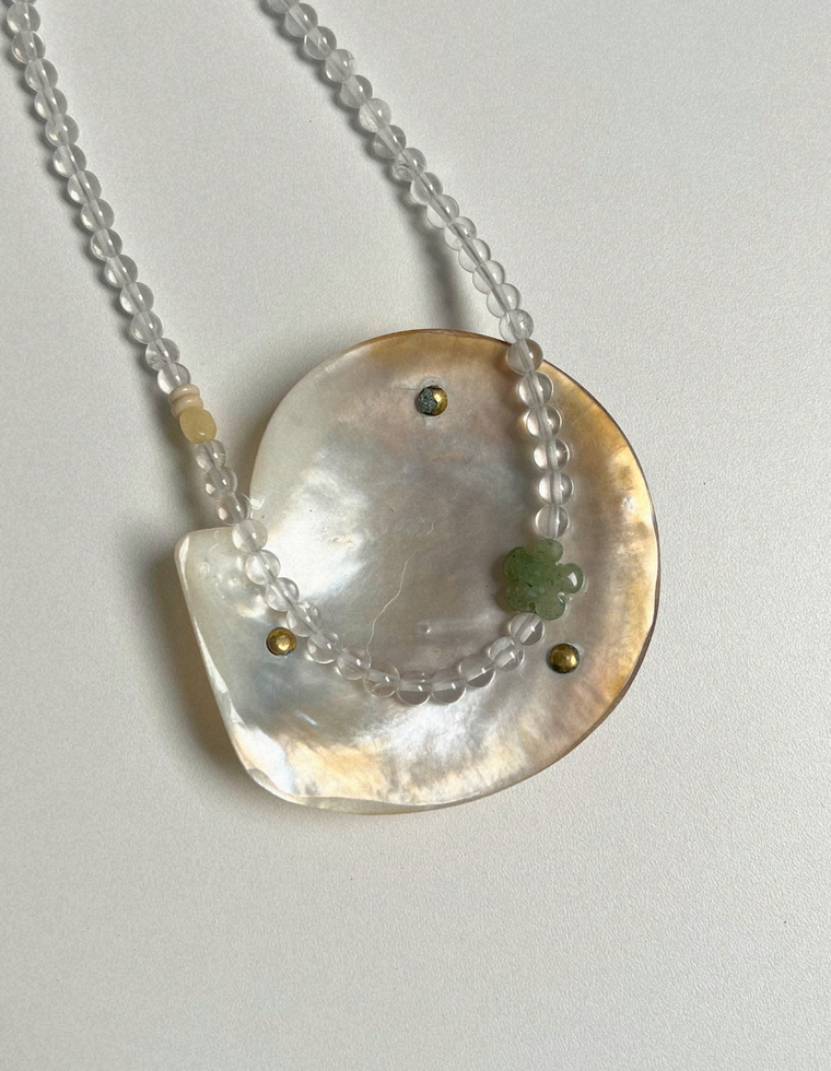 Tempera 34: clear quartz and aventurine necklace, hand-strung by Palm of Feronia