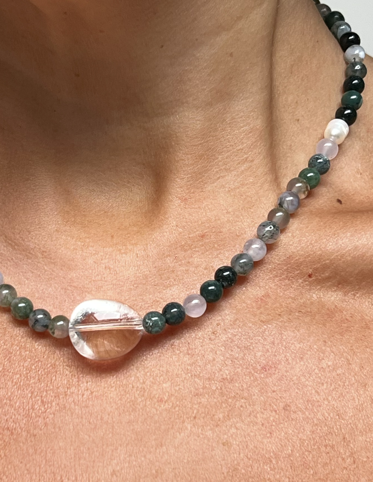 Thessan - Moss Agate & Clear Quartz Necklace