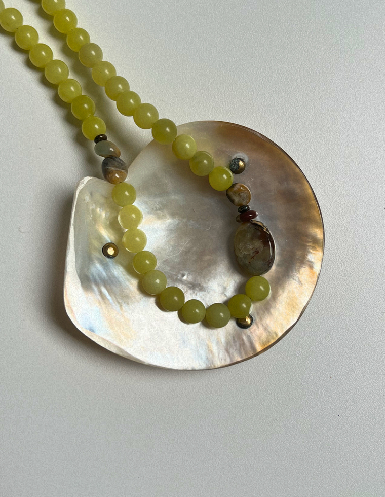 Halo 6 - Olive Jade & Flower Amazonite Necklace