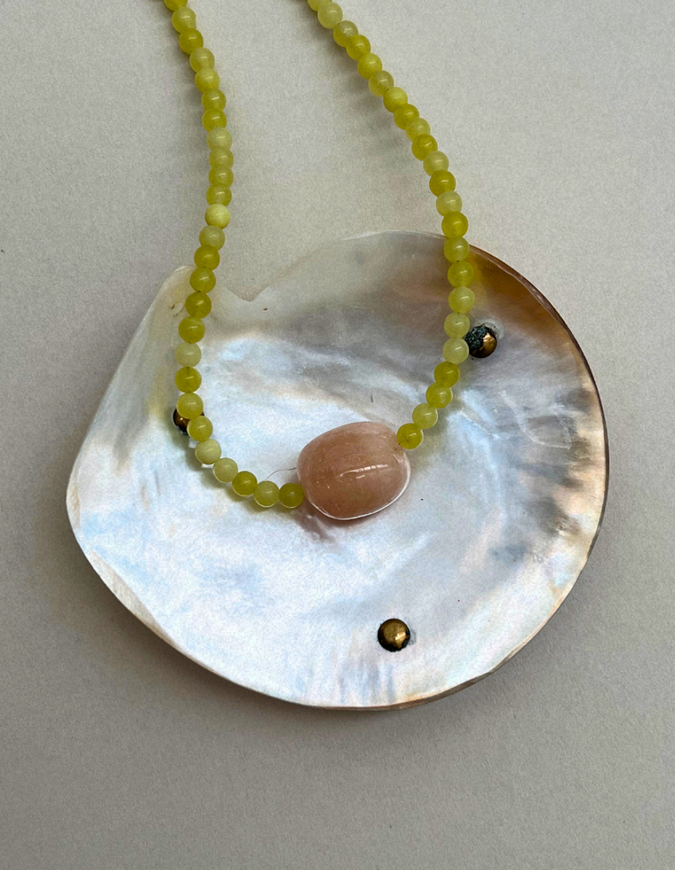 Cairn 22 – Olive Jade & Pink Beryl Necklace