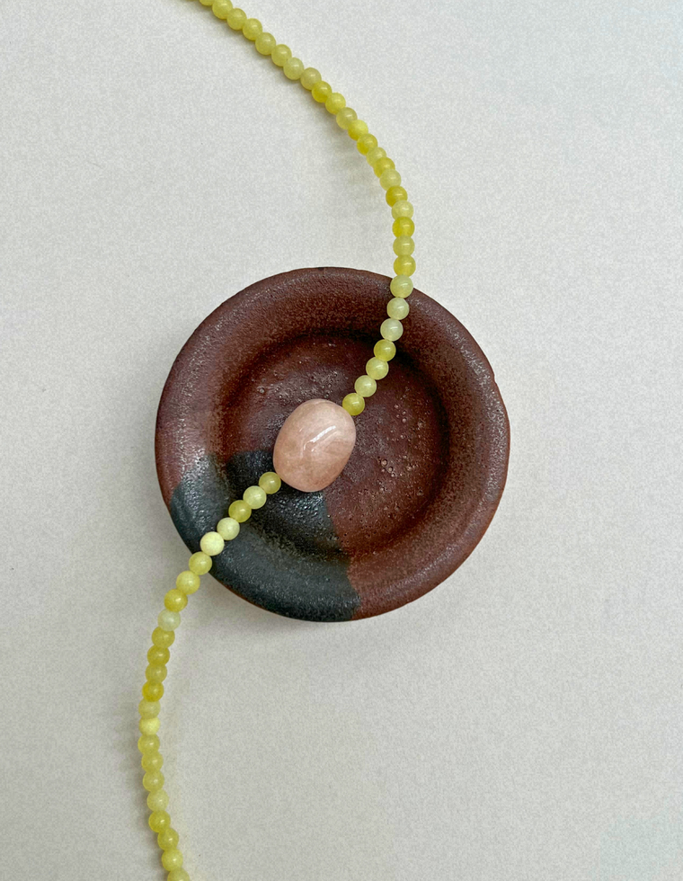Cairn 22 – Olive Jade & Pink Beryl Necklace