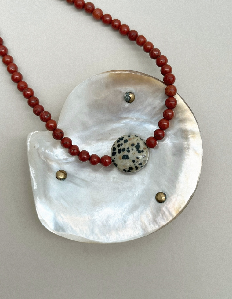 Axis 4: red jasper and dalmatian jasper necklace, hand-strung by Palm of Feronia