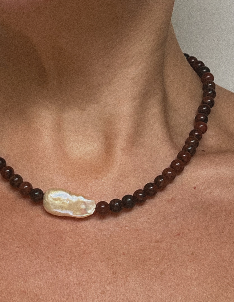 Thavrol - Mahogany Obsidian & Pearl Necklace