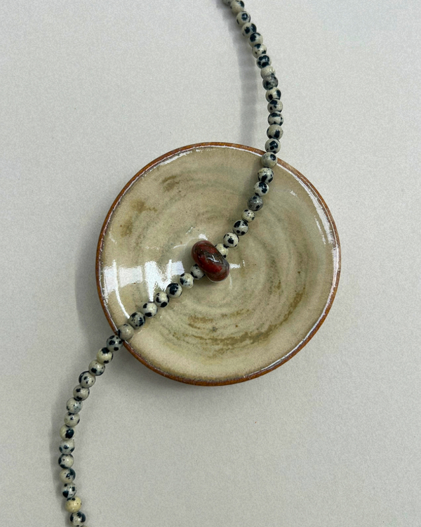 Celadon 14: dalmatian jasper and mahogany obsidian movement necklace, hand-strung by Palm of Feronia