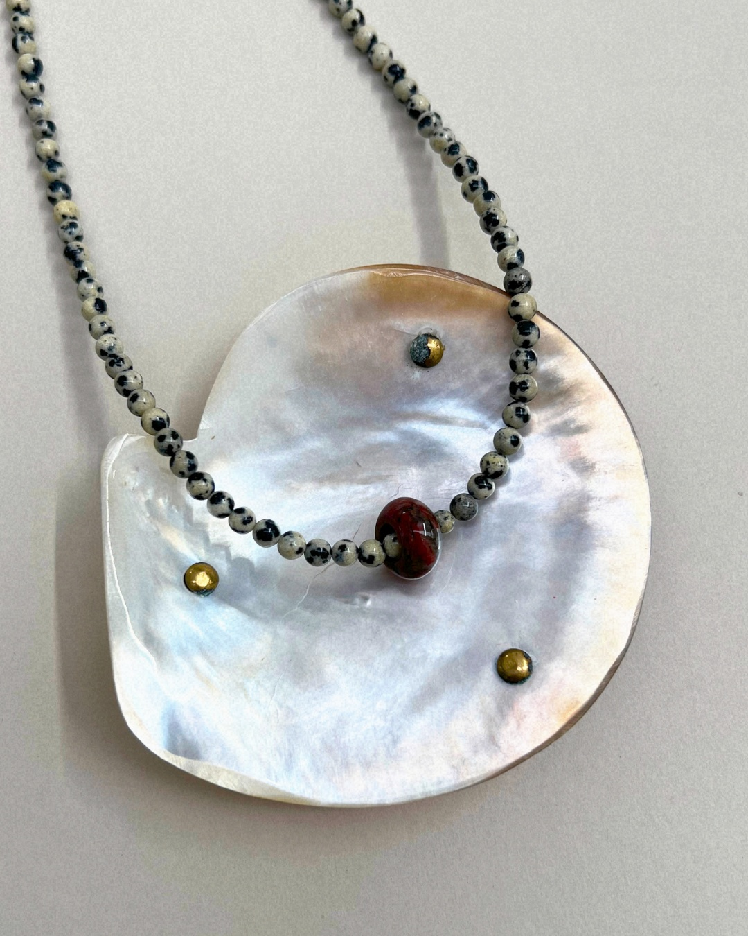 Celadon 14: dalmatian jasper and mahogany obsidian movement necklace, hand-strung by Palm of Feronia, photo 3