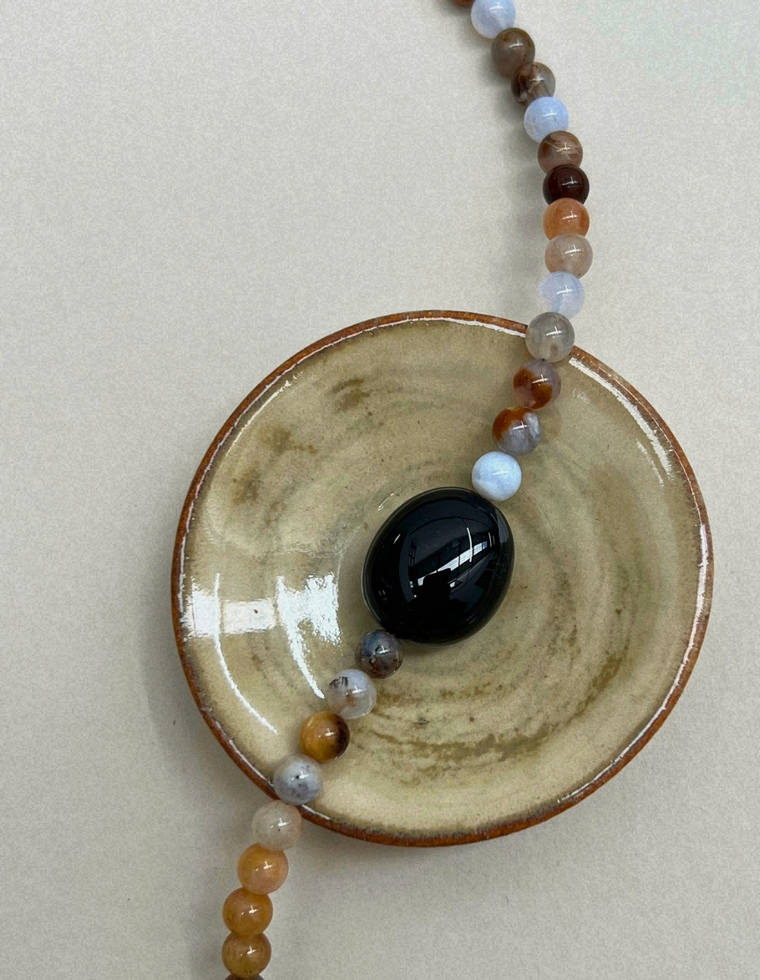 Axis 6: chalcedony and black onyx necklace, hand-strung by Palm of Feronia
