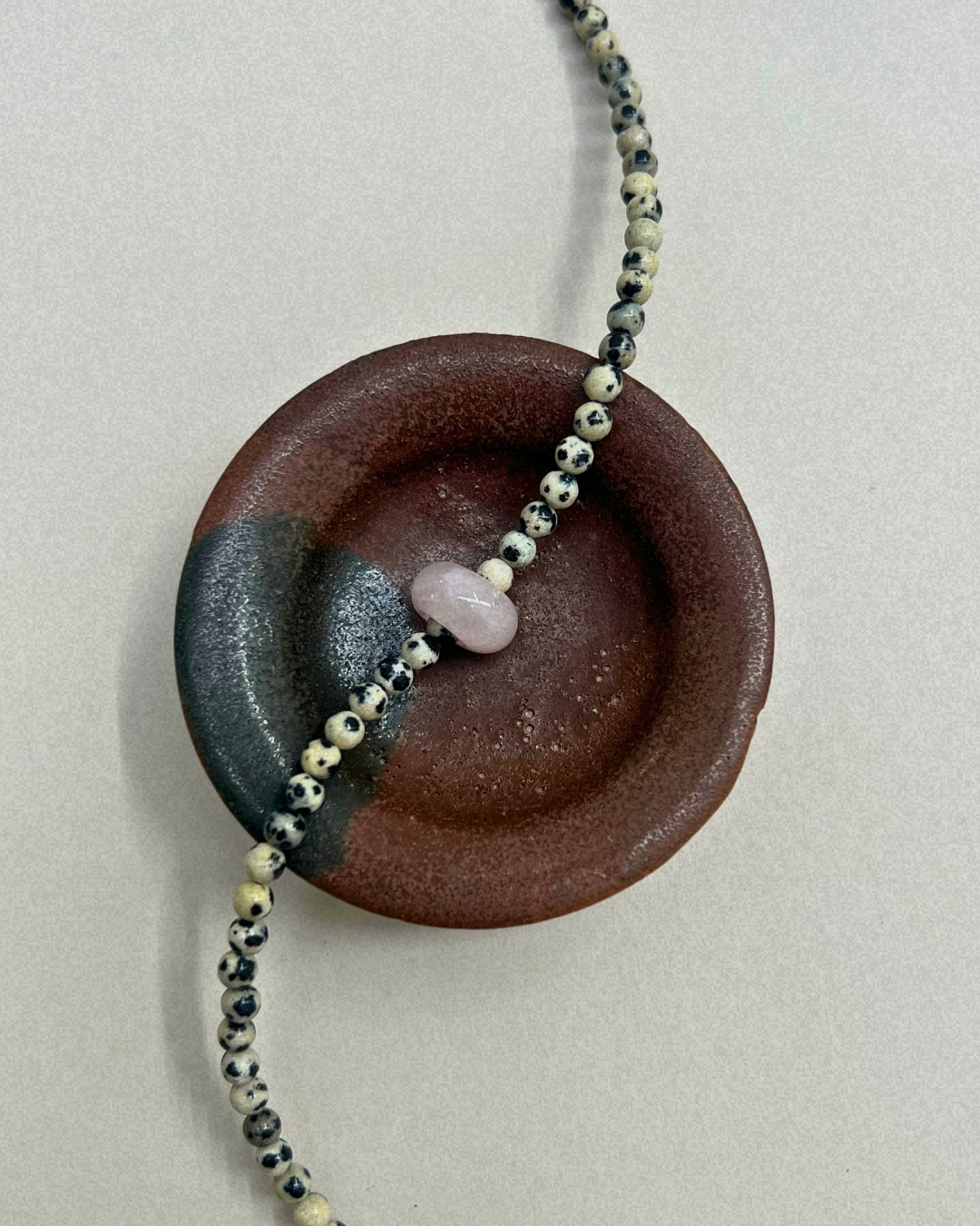 Celadon 12: dalmatian jasper and rose quartz movement necklace, hand-strung by Palm of Feronia, photo 2