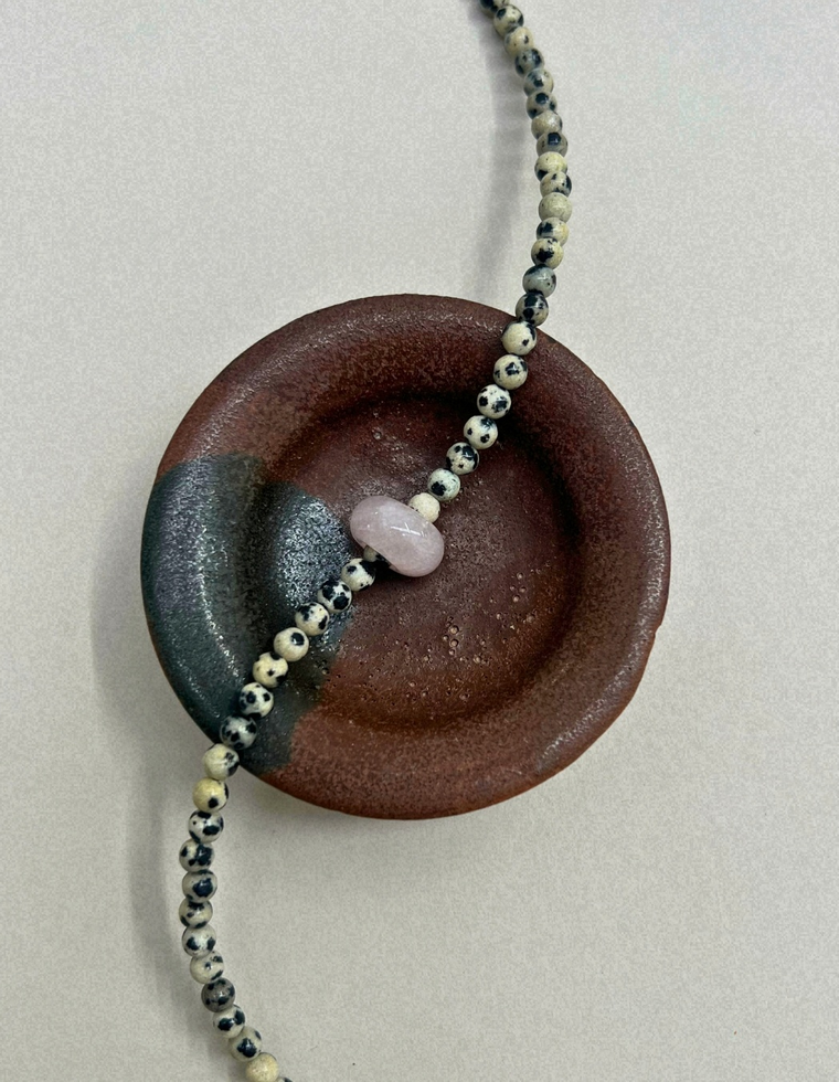 Celadon 12: dalmatian jasper and rose quartz movement necklace, hand-strung by Palm of Feronia, photo 2