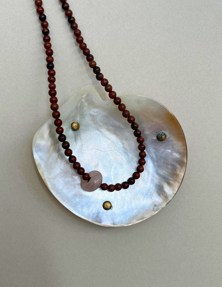 Keepsake 6 – Mahogany Obsidian & Rose Quartz Movement Necklace