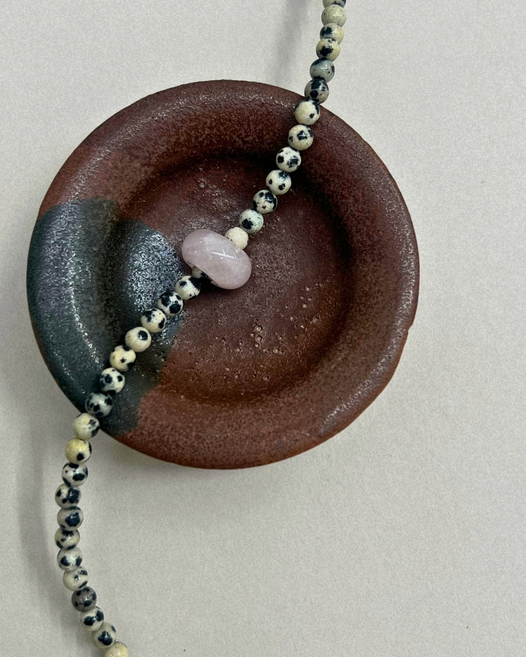 Celadon 12: dalmatian jasper and rose quartz movement necklace, hand-strung by Palm of Feronia