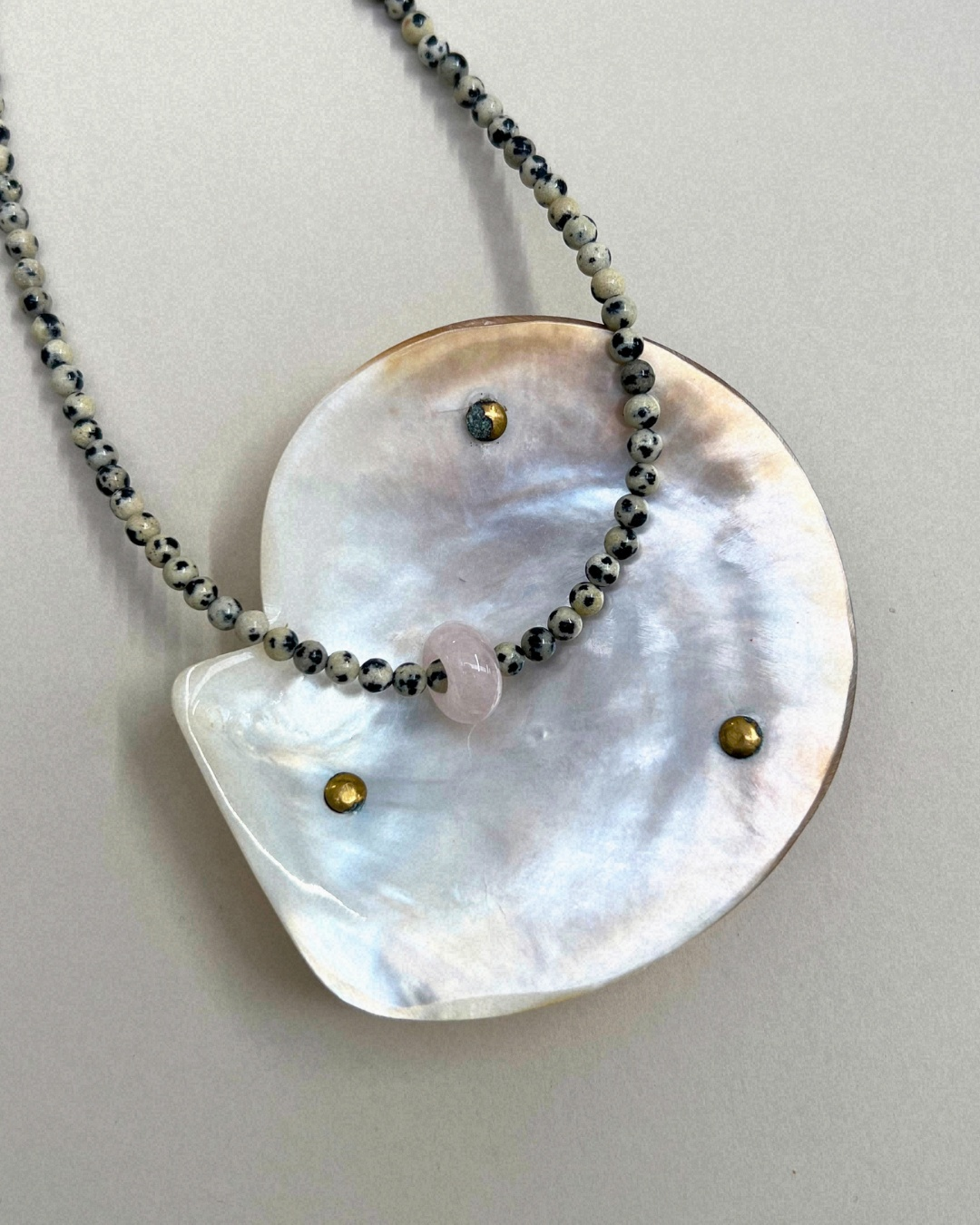 Celadon 12: dalmatian jasper and rose quartz movement necklace, hand-strung by Palm of Feronia, photo 3