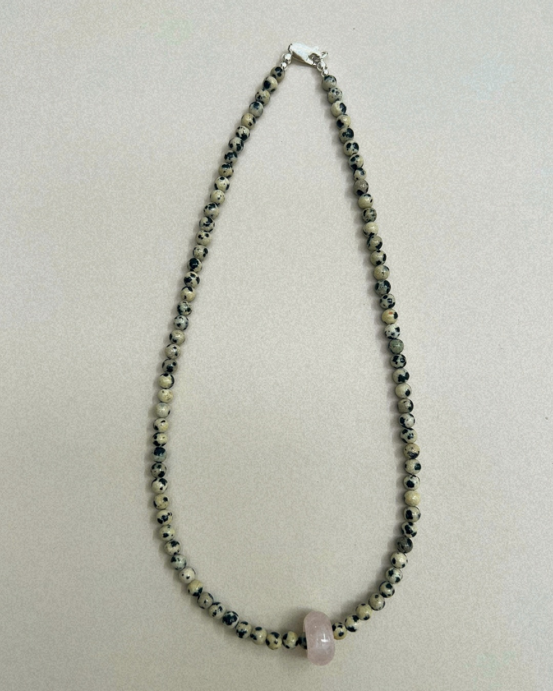 Celadon 12: dalmatian jasper and rose quartz movement necklace, hand-strung by Palm of Feronia, photo 4