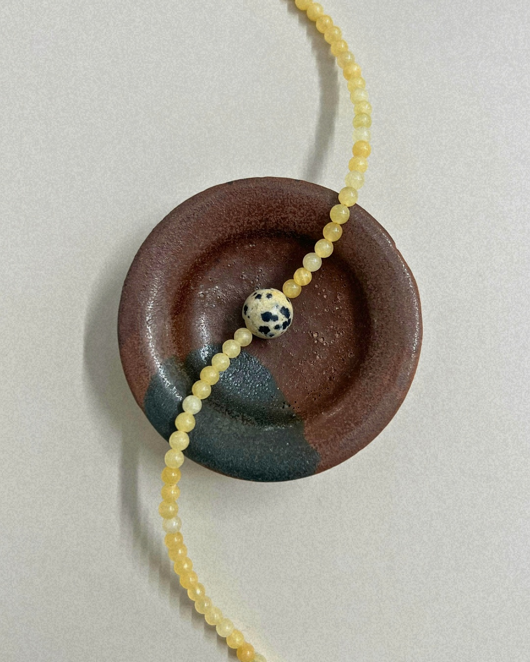 Harvest 12: yellow jade and dalmatian jasper necklace, hand-strung by Palm of Feronia, photo 3